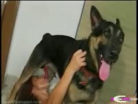 Beautiful and sexy girl enjoying dog's dick in her mouth